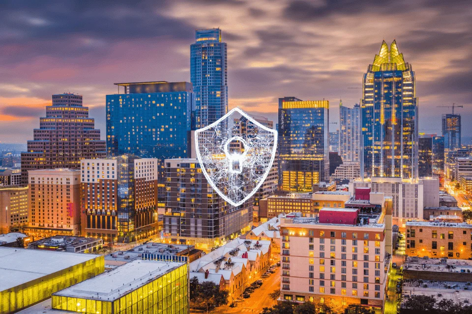 Austin-skyline-dusk-lights-buildings-security-icon-overlay